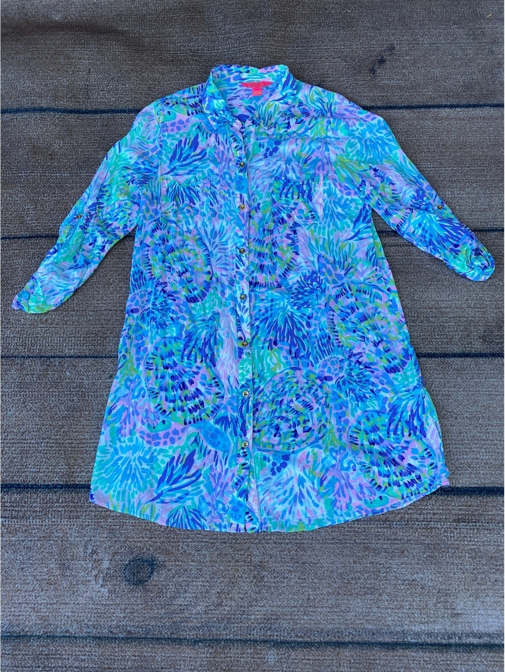 Lilly Pulitzer Natalie shirtdress swim cover up long sleeve pink blue teal Med